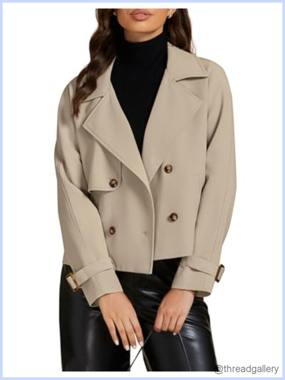 Cropped Trench Coat Double Breasted Notched Lapel Loose Fit Pockets